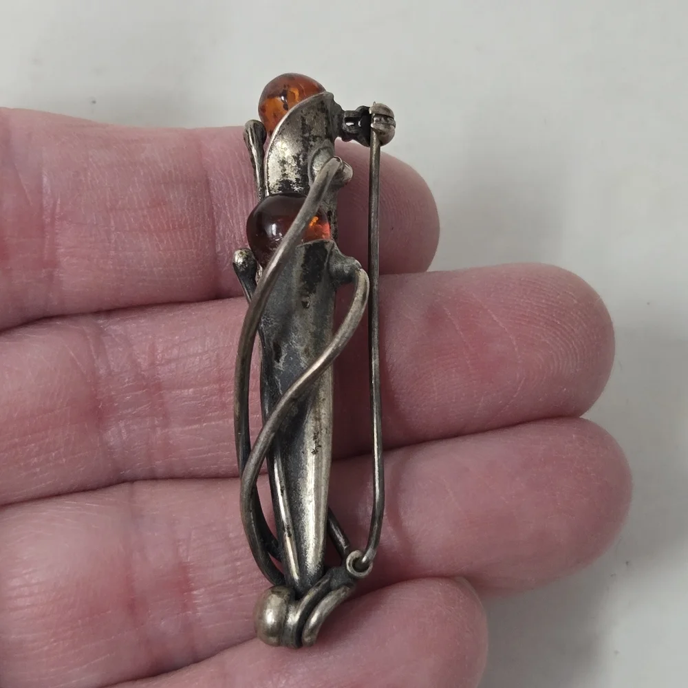 Vintage Sterling Silver 925 Baltic Amber 2” Calla Lily Floral Brooch Pin - Picture 6 of 11